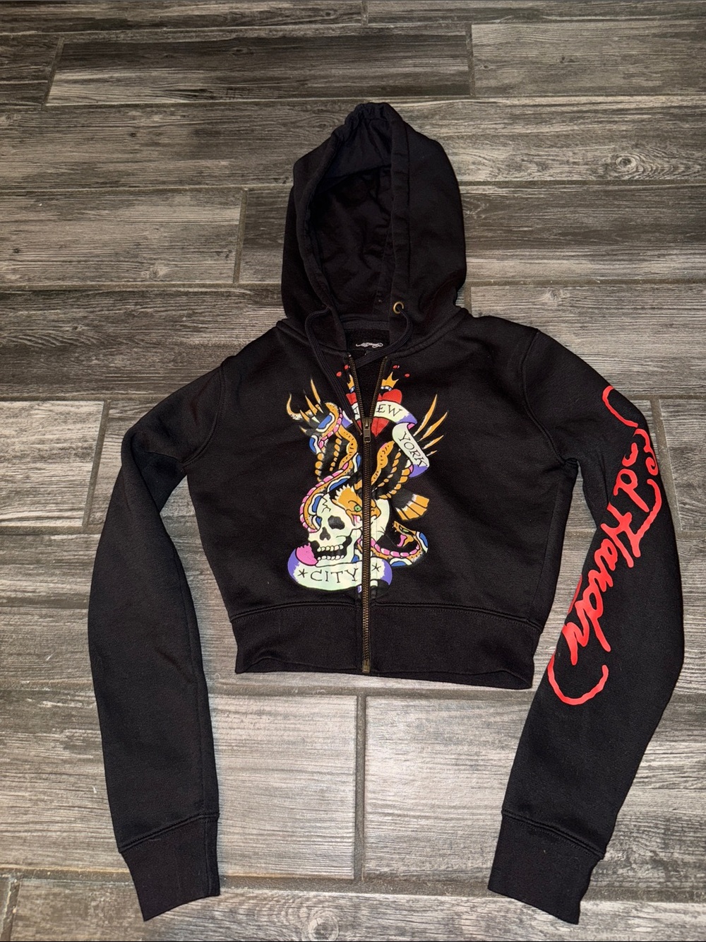 Ed Hardy Black Zip Hoodie jacket cropped small  Skull & Red Sleeve Script